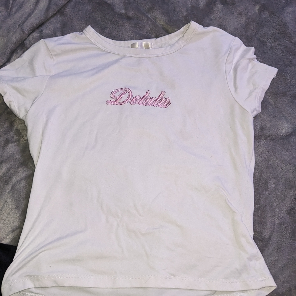 White T-Shirt with Pink Embroidery